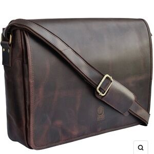 Vintage Brown Leather Messenger Bag Work Computer Compartments Zipper Commuter